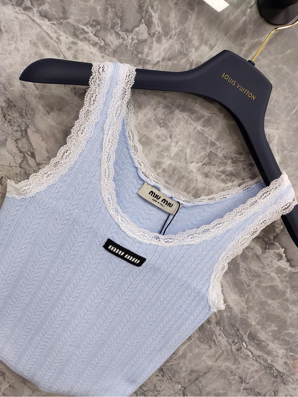 Miu Miu Baby Blue Ribbed Lace-Trim Camisole - Picture 6 of 9
